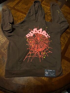 Men's Brown Graphic Hoodie with Pink Spiderweb Print